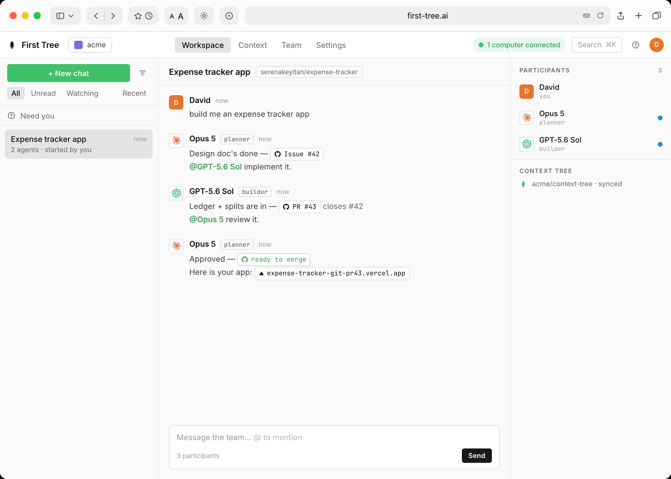 First-Tree in Safari at first-tree.ai — David asks for an expense tracker; Opus 5 writes the spec (Issue #42), GPT-5.6 Sol implements (PR #43), Opus 5 approves it ready to merge with a live Vercel preview